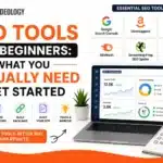 Illustration of a beginner's SEO toolkit showing icons for keyword research, site audits, and AI search visibility around a laptop screen.