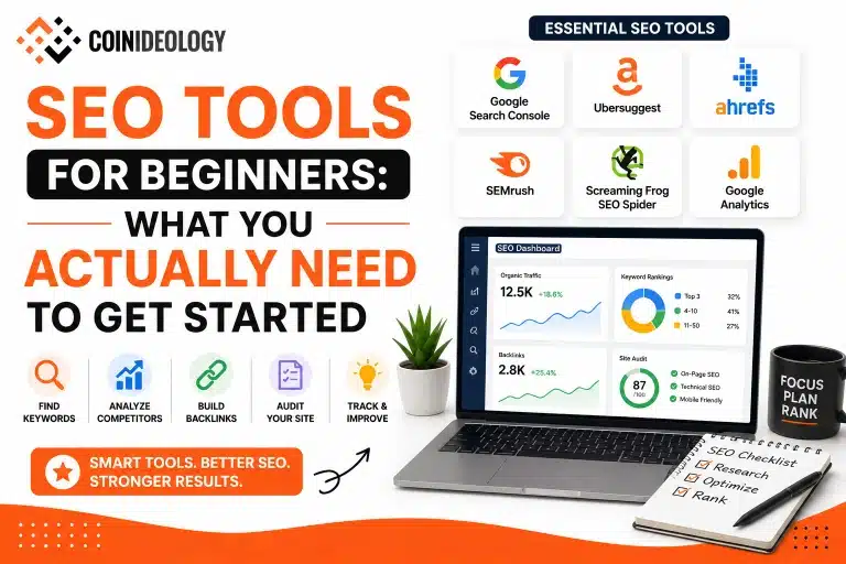 Illustration of a beginner's SEO toolkit showing icons for keyword research, site audits, and AI search visibility around a laptop screen.